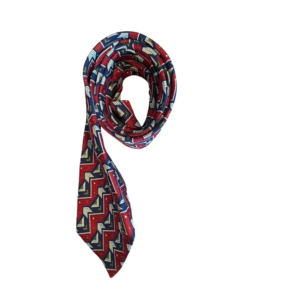 Vintage Geometric Zigzag Chevron Silk Tie Red Navy Blue Gold‎ Woven Necktie